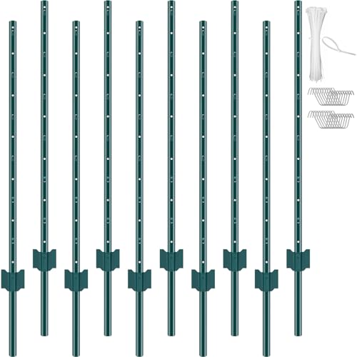 VEVOR 4 Feet U-Channel Metal Fence Post, 10 Pack with 20 Zip Ties & 20 Clips, Sturdy Steel Stakes for Garden Yard, Lawn, Farms and Outdoor Wire Fencing, Green - size: 4 Feet 10 Pack