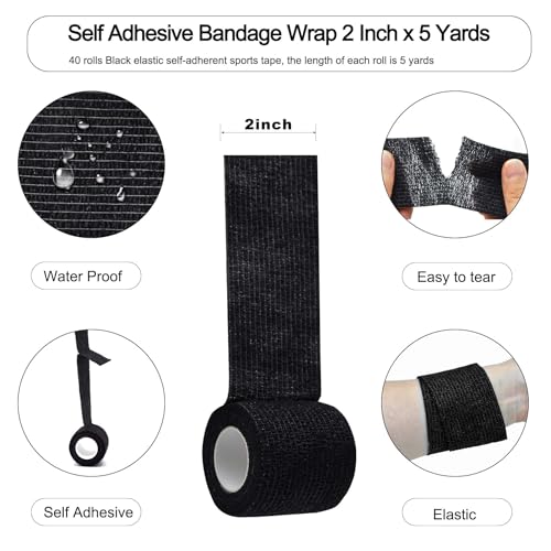 40 Rolls Self Adhesive Bandage Wrap Bulk Breathable Athletic Tape Elastic Cohesive Bandage Adhesive Wrap Roll for Sports Wrist Ankle, 2 Inch x 5 Yard (Black Colors) - color: Black