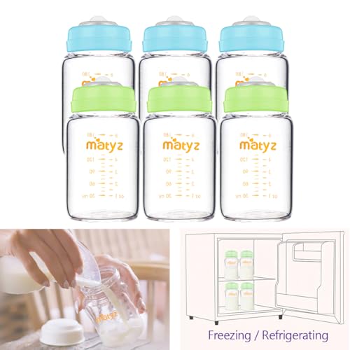 Matyz Glass Breastmilk Storage Bottles, 6 Pack, 6 oz, Sturdy Glass Bottle for Milk Freezing and Baby Feeding - Pumping Bottle for Philips Medela Spectra Breast Pumps - No BPA (3 Green & 3 Blue Lids) - color: [Pack of 6] 3 Green & 3 Blue Lids - 6 Ounce Cle