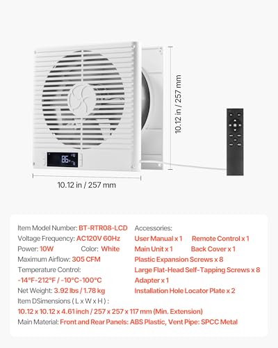 VEVOR Room to Room Fan, Two-Way Airflow Through-the-Wall Fan 8" with Remote, Temperature Control, 305 CFM 10-Speed Ventilation Quiet Vent for Bathroom, Laundry Room and Indoor - size: Dia. 8 inch, 305 CFM