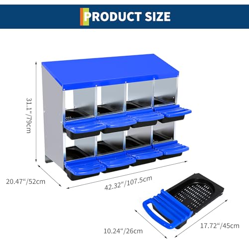 Chicken Nesting Box, Nesting Boxes for Chickens, 8 Compartments Chicken Laying Boxes with Lid Cover, Roll Away Nesting Box for Chickens Laying Egg to Protect Eggs, Blue