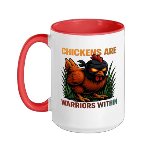 Chickens Are Warriors Within Funny Poultry Ninja Ceramic Mug, Red/White, 15oz - color: Red/White, size: 15 Ounces