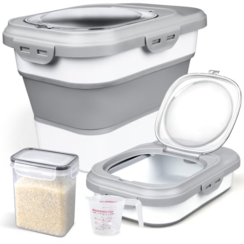 Rice Storage Container, Collapsible Airtight Food Storage Containers 6-20 Lbs, Rice Dispenser with Measuring Cup and Small Bin for Flour Cereal Pasta Grain, Cat Pet Dog Bird Food Container - color: Gray