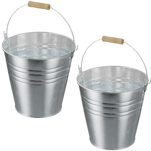 DUNCHATY 4 Gallon Galvanized Ice Bucket 2 Pack - Large Metal Beverage Tub with Wood Handles for Parties, Weddings, Beer, Wine & Champagne - 13" x 13" x 12" Rustproof Cooler - color: Ice-buckets 2P