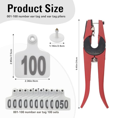 Cattle Ear Tags 001-100, 100Pcs Plastic Livestock Ear Tag for Cows Goats Sheep Pigs with Pliers Applicator & 2 Pins, Animal ID Tags for Ranch Farm Herd Tracking, Laser Print (001-100, White) - color: White