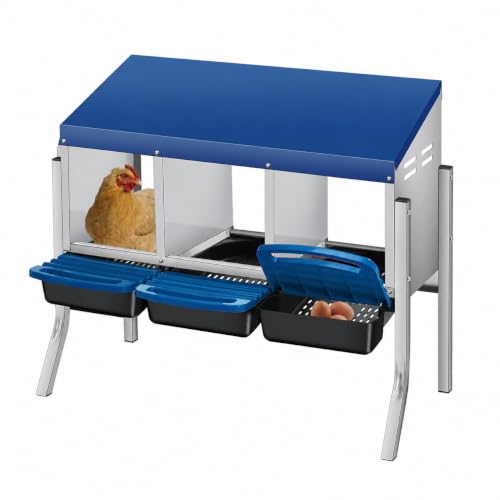 Galvanized Steel Chicken Nesting Box 3 Compartment with Pull Out Tray, Roll Away Nest Boxes for Laying Hens Egg Collection, Wall Mount Poultry Nest Box for Coop with Handle, Blue,with Legs - color: Blue, size: 3 Compartments with Support Legs