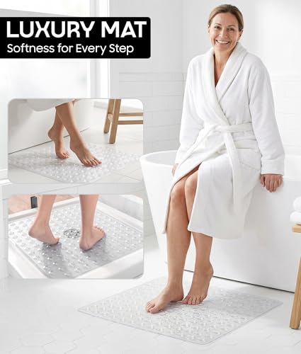 ADOV Square Shower Mat Non Slip, 21 x 21 in Bathtub Mat with 164 Strong Suction Cups, Drain Holes, Machine Washable, Soft Anti-Slip Bathroom Mat for Inside Shower, Tub and Shower Stall - Clear - color: White