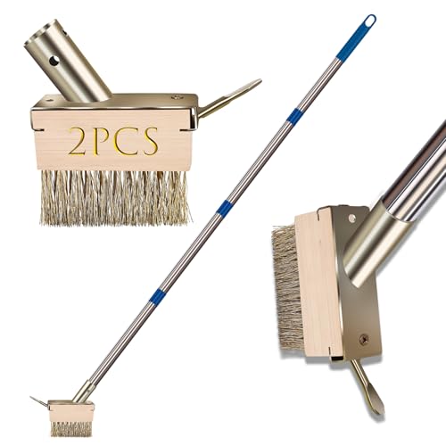 Moss Remover Brush Tool with 65in Handle for Concrete Pavers Crevice | 2 Pcs Wire Grout Brush Head, Detachable Long Handle, Crack Weeder Puller for Outdoor Deck Patios Walkways Roof Moss Removal