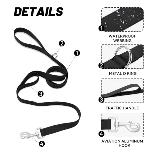 Waterproof Dog Leash with Double Handle, 6 FT Durable Odor-Proof Dog Leashes with Strong Aviation Aluminum Hooks Fits Small Medium or Large Dogs - color: Black, size: 6FT - Double Handle