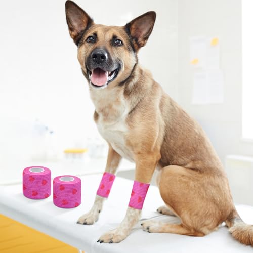 6 Roll 2 Inch x 5 Yards Heart and Cat Print Pet Vet Wrap for Dogs Cats, Cohesive Bandages in Bulk, Pink Non-Woven Self Adhesive Bandages Wrap Roll for Pet Animals Wound Care, Ankle Sprain and Swelling