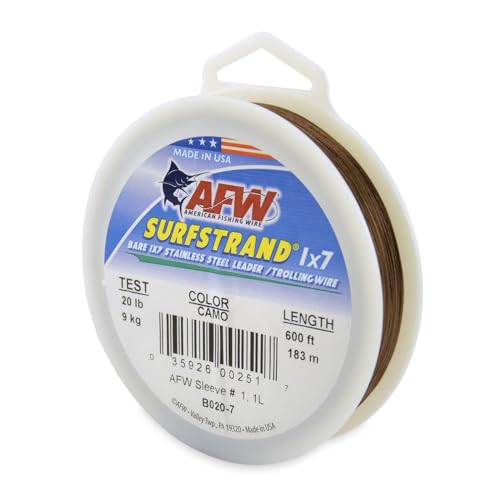 American Fishing Wire Surfstrand Bare 1x7 Stainless Steel Leader Wire - Fishing Leader Line for Saltwater, 20lb Test - 325lb Test in Bright, Camo in 30ft, 300ft, 600ft and 1,000ft Lengths - color: Camo, size: 20 lb / 600 ft
