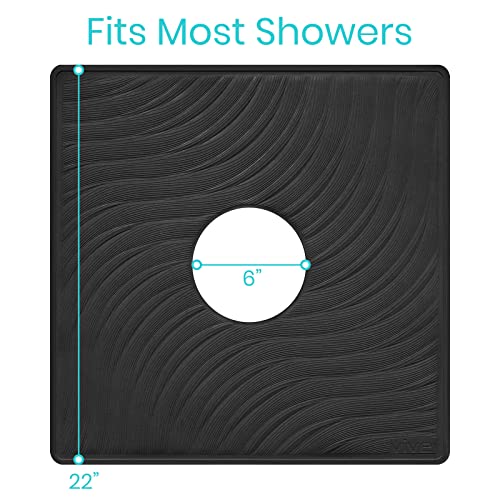 Vive Shower Mat - 22" by 22" Square Non Slip Large Bath Mat for Bathtub - Patented Design - Suction Cup Traction Skid Pad for Stalls Floors Tub - Textured Rubber with Drain Hole - color: Midnight Black