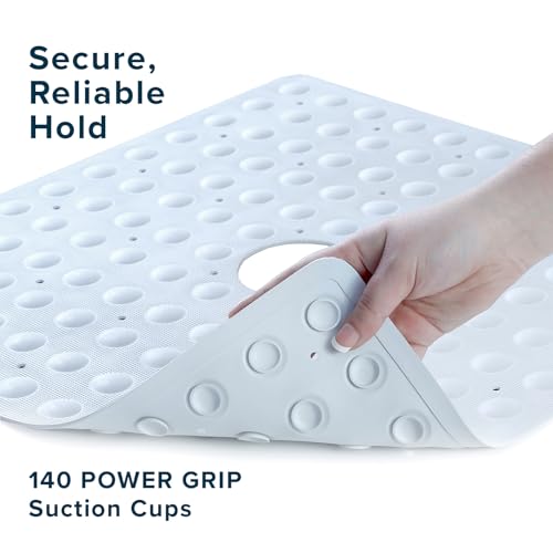 SlipX Solutions 21"x21" Mildew Resistant Non Slip Shower Stall Mat, White | Soft Durable Rubber Underfoot, Anti Mold, 140 Power Grip Suction Cups, Center Drain Hole - color: White