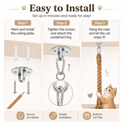 Extra Long 7.9Ft Jute Rope Cat Wall Climber - Heavy Duty Wall Mounted Cat Climbing Pole with Secure Hooks, Indoor/Outdoor Furniture for Active