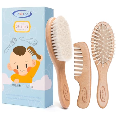 Baby Hair Brush & Comb Set, Organic Wooden Hairbrush Natural Goat Bristles for Newborns & Toddlers, Ideal for Cradle Cap & Itching, Perfect Shower and Registry Gift for Infant, Toddler (3 Piece Set) - size: 3 Piece Set
