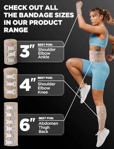 Premium Elastic Bandage Wrap - 4pk (2x3in, 2x4in) + 12 Extra Clips - Strong Compression Bandage Wrap for Leg, Arm, Wrists, Elbow, Ankles, Feet and Knees - for First Aid Kit and After Surgery Recovery | Strong Compression Bandage Wrap for Leg, Arm, Wrists,