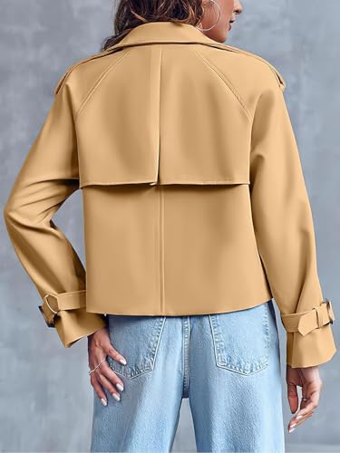 ebossy Women's Double Breasted Short Duster Trench Coat Lapel Loose Windproof Cropped Jacket Coat with Pockets - color: Khaki, size: XX-Large