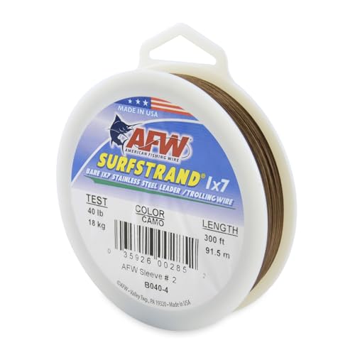 American Fishing Wire Surfstrand Bare 1x7 Stainless Steel Leader Wire - Fishing Leader Line for Saltwater, 20lb Test - 325lb Test in Bright, Camo in 30ft, 300ft, 600ft and 1,000ft Lengths - color: Camo, size: 40 lb / 300 ft