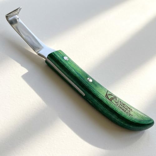 Right-Hand Straight Blade Hoof Knife with Rhino Hook, J2 420 Magnetic Stainless Steel, Ergonomic Green Handle, Farrier Horse Hoof Trimming Tool for Sole & Frog Paring