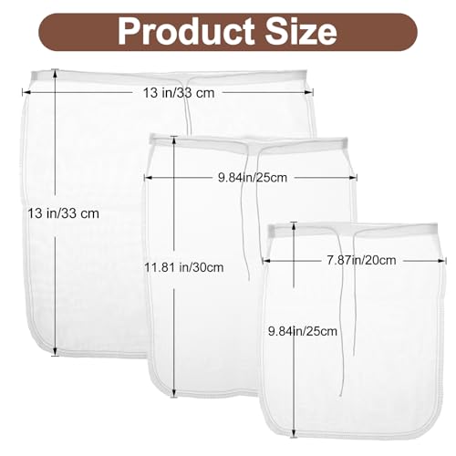 3 Pcs Nut Milk Bag Food Strainer Nut Bags Reusable Multiple Usage Food Strainer Bag for Straining Almond Soy Milk Greek Yogurt Professional Cold Brew Coffee Tea Beer Celery Juice Fine Nylon Mesh