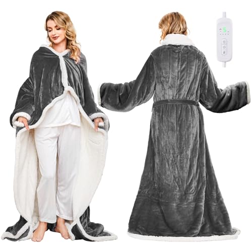 SIHOHAN Portable Heated Blanket with Foot Pockets for Wearable | Heated Throw Blanket, Flannel & Sherpa, 8 Heat Levels & Timer, 50x70 Inch Grey Home Office Travel, Machine Washable - size: 50*60 Grayish White