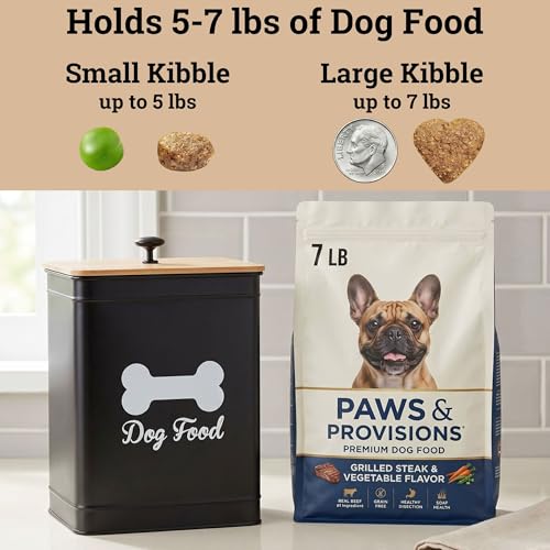 Metal Dog Food Container 5-7lb, 25 Cup w/ Airtight Bamboo Lid, Metal Handle | Pet Jar For Dogs up to 50lbs, Airtight Bamboo Lid, Sturdy Comfortable Metal Handle, Powder Coated Iron, Kibble Storage Bin - color: Black: Bone