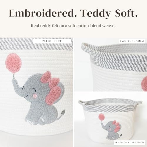 Elephant Baby Storage Basket for Girls, Cotton Rope Nursery Bin, 15x11 in | Stuffed Animal and Blanket Storage, Soft Felt Elephant Patch, Pink Baby Room Decor, Shower Gift, Kids Playroom Organizer - color: Girl Elephant