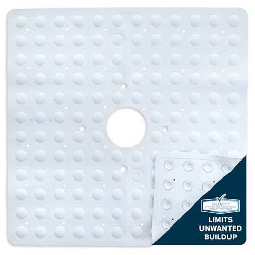 SlipX Solutions 21"x21" Mildew Resistant Non Slip Shower Stall Mat, White | Soft Durable Rubber Underfoot, Anti Mold, 140 Power Grip Suction Cups, Center Drain Hole - color: White