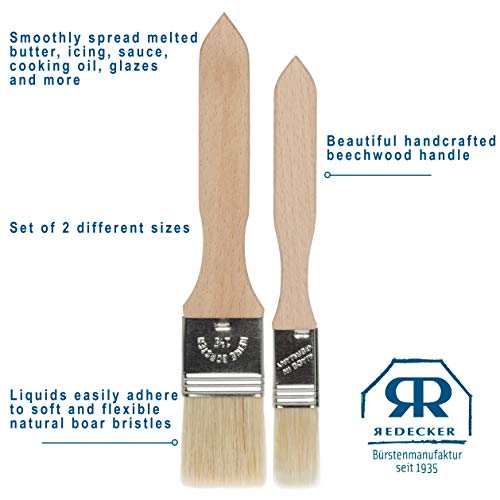 REDECKER Pastry Brushes Set with Untreated Beechwood Handles - 2 Different Sizes - Multi-purpose Brushes - Natural Bristle Basting Brush for Glazing and More - Wood Pastry Brush German Designed - size: Set of 2