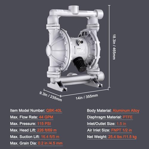 VEVOR Air Operated Double Diaphragm Pump, 44GPM, Max 115PSI Air Waste Oil Pneumatic Transfer Pump with 2 Extra Diaphragms, 1-1/2 inch Inlet & Outlet Aluminum Alloy Diaphragm Pump for Diesel Grease Oil | for Diesel Grease Oil, 2 Extra Diaphragms, 1 Inch In