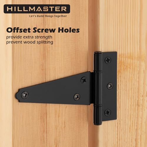 HILLMASTER 4 Inch T-Strap Hinges Shed Window Door Hinges Gate Strap Hinges Heavy Duty Black Tee Hinge Wrought Gate Hardware Post Small T Hinges for Wooden Fences,Shutter,Yard,Barn Door,Outdoor(4 Pack) - size: 4in 4Pack