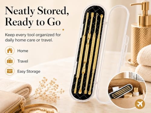 Hion 6 Pcs Extended Ear Wax Removal Kit,Professional Double-Headed Ear Pick Earwax Removal Tools,316L Stainless Steel Ear Cleaner Curette with Cleaning Brush and Storage Box,Suit for Kid Adult(Gold) - color: Gold