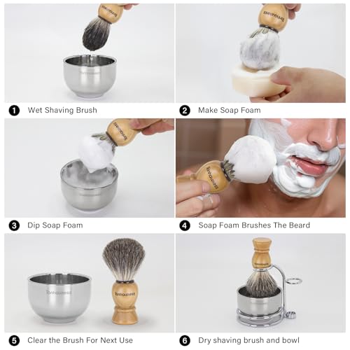 Badger Hair Shaving Brush With Wood Handle, Goat Milk Shaving Soap, Dual-ring Base Stainless Steel Shaving Stand Holder and 3 Layers Shaving Bowl for Men's Wet Shaving (Wood With Badger Hair) - color: Wood With Badger Hair