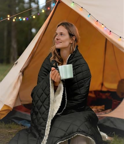 12V Battery Operated Heated Wearable Blanket for Camping Stadium Office | 70*50in Large Size & 3-level Temperature Up to 167°F &15000mAh Battery Included &Storage bag Included &Overheat Protection - color: Black