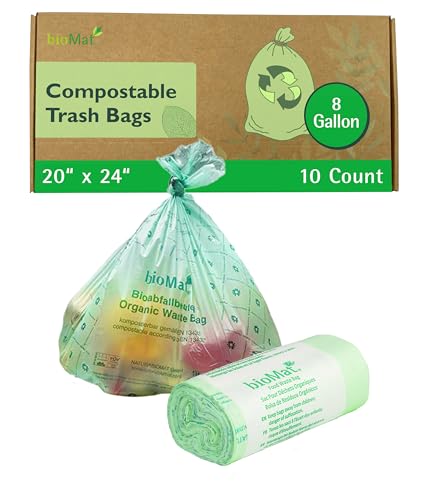 bioMat 8 Gallon Compostable Food Scrap Bags, 10 Count | BPI, CMA and OK Compost HOME certified, Meets the ASTM D6400 Standard, Medium Flat Top Waste Bags for Kitchen Food Waste Bin - size: 10 Count (Pack of 1), style: 8 Gallon