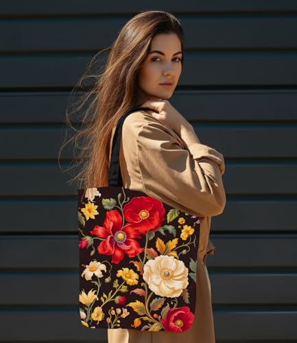 Aesthetic Floral Canvas Tote Bag - Reusable Shoulder Tote Bag for Women Lady Casual Vacation, Shopping, Work, Gym - color: 4