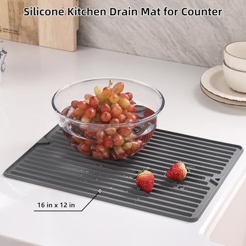 Silicone Dish Drying Mat, 18 x 8.5 Inches Grey | Elegant Design for Kitchen Counter, Multipurpose Durable Food Grade Silicone, Non-slip, Quick Water Releasing - size: 8.5" x 18"