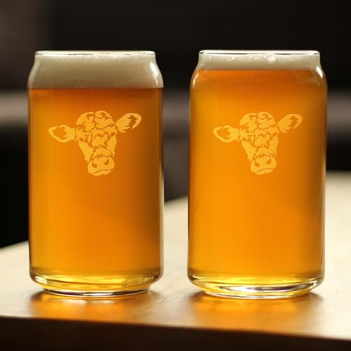 Cow Face Can Pint Glass for Cattle Lovers Farm Gifts - 16 oz - Set of 2 | Bevvee Cattle gift ideas for cow lovers, farmers and ranchers. Beer can glass for IPA, pilsner and craft beer. Made in USA - style: Set of 2