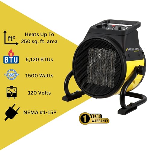 Dura Heat EUH1465 Electric Forced Air Heater with Pivoting Base 5,120 BTU, Yellow | Electric Garage Heater, Ceramic Heating Element, Steel Body, Thermostat, Heats up to 250 sq ft, Safety Shut Off, Greenhouse - size: 8.5" Height