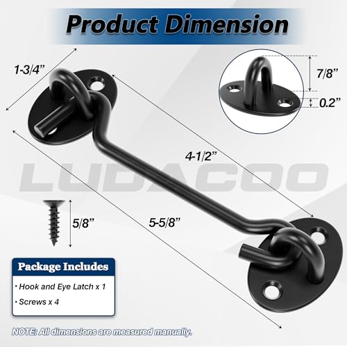 5" Hook and Eye Gate Latch, Sturdy Thickened Barn Door Lock Door Latch Hardware for Gates, Windows, Fences, Cabinets, and Sheds, Black, 1 Pack - size: 5 Inch
