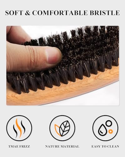 100% Boar Bristle Slick Back Hair Brush | Natural Peach Wood Handle | Restores Shine, Controls Frizz, Smooths Flyaways | Teasing Adds Volume Styling Tool | For Sleek Ponytails, Buns & Beard Grooming