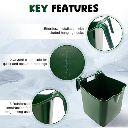 Horse Feed Bucket, 15 Quart Plastic Stall Hook Over, Green 4-Pack | Sturdy Hooks Secure to Gates or Fences, Versatile Bucket Suits Goats, Sheep, Livestock in Farms, Workshops, Yards
