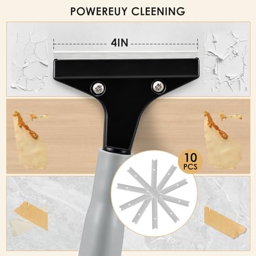 Heavy-Duty Floor Scraper, 4-Inch Razor Blade Scraper Tool, 36-Inch Long Handle, Includes 10 Extra Metal Blades, Paint Scraper for Cleaning Wall, Glass, Adhesives, Chewing Gum, Ceiling - size: 36in
