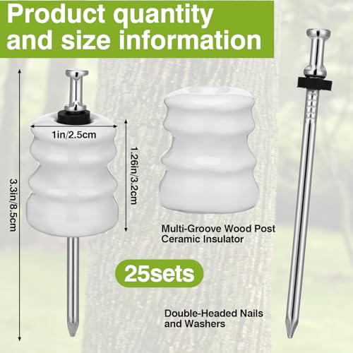 Pangda 25 Pack Multi-Groove Wood Post Ceramic Insulator with Double-Headed Nails and Washers Ceramic Electric Fence Insulator for Wooden Post Electrical Wire Ground Fencing Agricultural Supplies