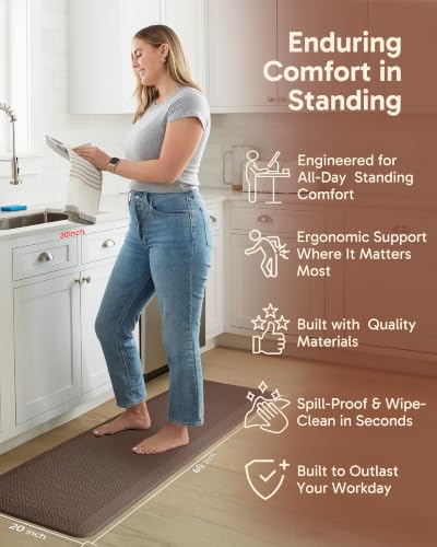 Ophanie Kitchen Mats for Floor,3/4 inch Thick,20x60 Anti Fatigue Cushioned Mat,Kitchen Rugs,Waterproof,Comfort Ergonomic Standing Mat for Office,Home,Sink with 99+ Pairs of Anti-Slip Bottom Ridges - color: Brown, size: 20"L x 60"W x 0.8"Th