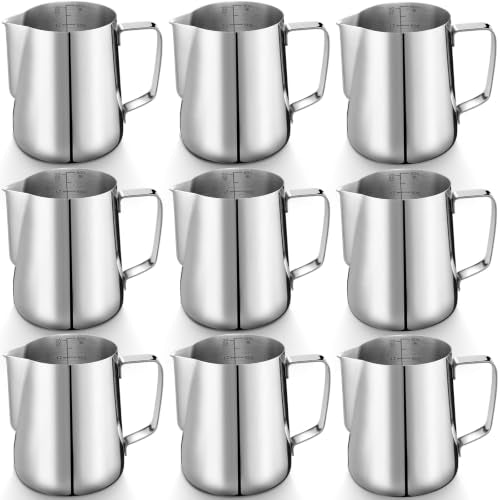 Honeydak 9 Pcs Milk Frothing Pitcher 304 Stainless Steel Steaming Pitchers for Coffee Bar Cappuccino Barista Tools Milk Jug Steamer Frother Cup (20 oz,Silver) - color: Silver, size: 20 oz