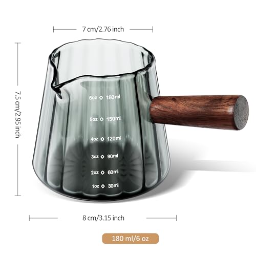 Joeyan 6 oz Grey Glass Measuring Cups with Spout,Borosilicate Glass Triple Pitcher with Scale,Origami Style Espresso Shot Glasses with Wood Handle for Coffee Milk,Dishwasher Safe - color: 6 Oz Grey Single Spout Clear Measuring Cup