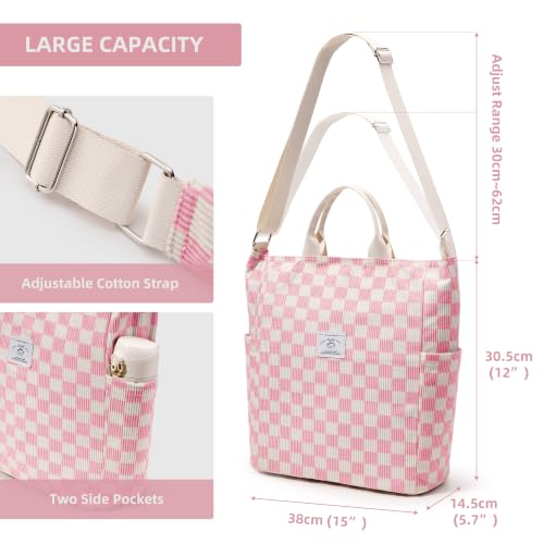 KALIDI Corduroy Tote Bag, Large Slouchy Hobo Messenger Crossbody Bag | Anti Splash Zipper Side Pockets Shoulder Bag Adjustable Strap Lightweight Casual Work Shopping Women - color: Pink Checkered