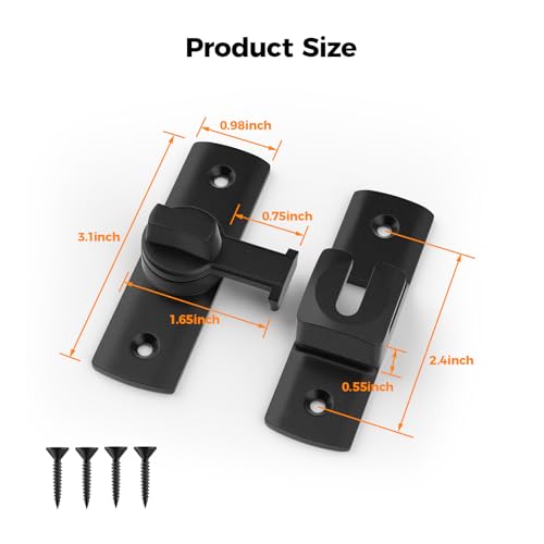 2 Pcs Degree Barn Door Latch, 180/90 Sliding Barn Door Lock，Sliding Gate Latch Lock for Cabinets, Barn Door, Bathroom, Gardenr Doors (Black)