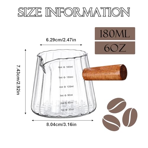 6OZ Wooden Handle Espresso Measuring Cup, Borosilicate Glass Milk Frothing Pitcher with Double Scale & V-Shaped Spout, Dishwasher Safe Coffee Accessories